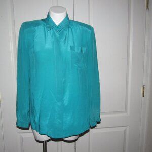 ARDENTI 100% Silk Teal Button Down Blouse Size 8 –Vintage Elegant Minimalist